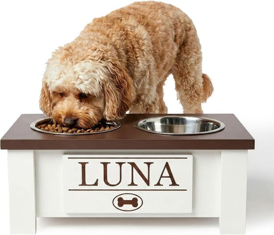 Elevated Dog Bowls for Small Dogs, Personalized Food Stand for Small Breed | Farmhouse Style, Elevated Wood Stand, Storage Container, Stainless Steel Bowls, Raised Anti-Slip Feeder, Made in USA