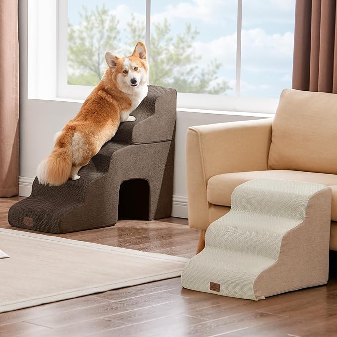 Joydeco Dog Stairs for Bed 29" H, 5-Step Pet Steps for Small Dogs and Cats, Dog Steps for High Bed, Non-Slip Balanced Ramp Indoor Pet Stairs, Brown