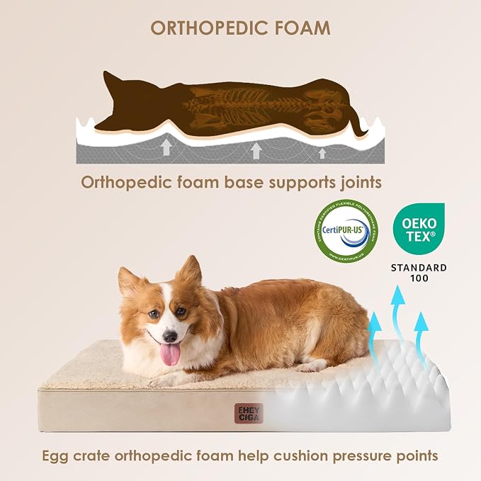 EHEYCIGA Orthopedic Dog Bed with Removable Washable Cover, Khaki, 30IN | Egg Crate Foam Support, Durable Oxford fabric, Non-Slip Bottom, Machine Washable, Soft Waterproof Plush Pet Bed Mat For Crate