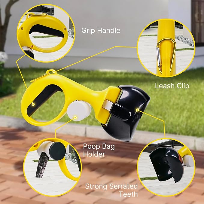 Portable Pooper Scooper for Dogs with Bag Dispenser & Leash Clip, Heavy Duty Dog Poop Scooper for Yard with Strong Serrated Edge and Comfort Grip Handle, Waste Pick Up Tool for Small,Medium,Large Dogs