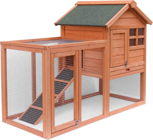 Rabbit Hutch Chicken Coop Kennel Easily Assembled 2 Story with Removable No Leak Tray Solid Fir Wood Weatherproof for Indoor Outdoor Pets
