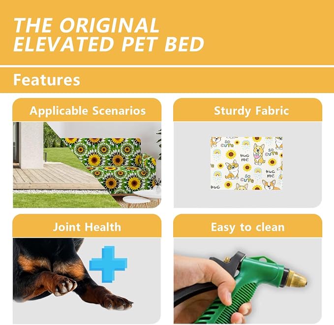 Kawaii Corgi Sunflower Orthopedic Elevated Dog Pet Bed(47"X31"X9"),with Metal Frame,Printing Breathable Waterproof Dog Kennel,Sleeping Bed for Small Medium Large Dogs Cats,for Home,Outdoor Use
