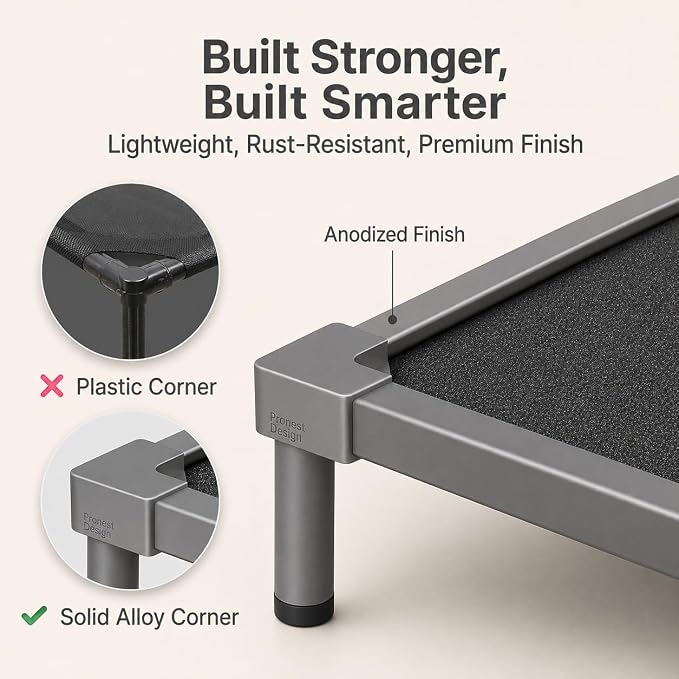 Premium Elevated Dog Bed, Chew Proof Aluminum Alloy Heavy Duty Dog Supplies, Cooling Raised Pet Cot Indestructible with Anti-Rust Washable Assembly for Crate Outdoor (Grey, Medium(40.6"x 28.7" x 7"))