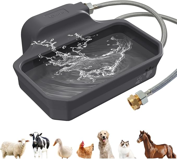 FICUSWIN Automatic Water Dispenser for Large Dogs Patented Fit 3/4in GHT Male Faucet Outdoor Animal Water Bowl Include Water Valve, 5ft Water Hose, Copper Connector