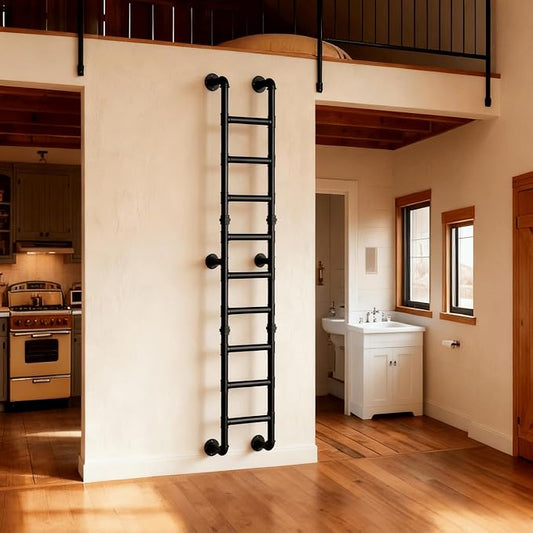 9FT Wall Mounted Ladder Heavy Duty 450lbs Capacity, 9-Step Steel Pipe Fire Escape Ladder for Egress Window & Basement, Industrial Wall/Floor-Mounted Loft