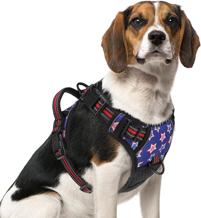 PUPTECK No Pull Tactical Dog Harness Medium Sized, Adjustable Reflective Dog Harness with Handle Easy Control, Comfortable Soft Padded Pet Vest Harness for Medium Dogs, Blue Stars M