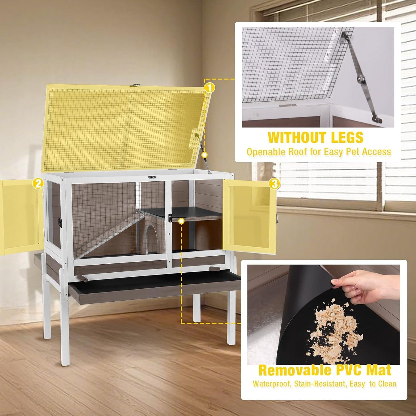 Aivituvin 2-Story Rabbit Hutch with Anti-Chew Ramp & Zinc Sheet - 36.6" Indoor Guinea Pig Cage, Wooden Stand, Pull-Out Tray & Leakproof Floor (Brown)