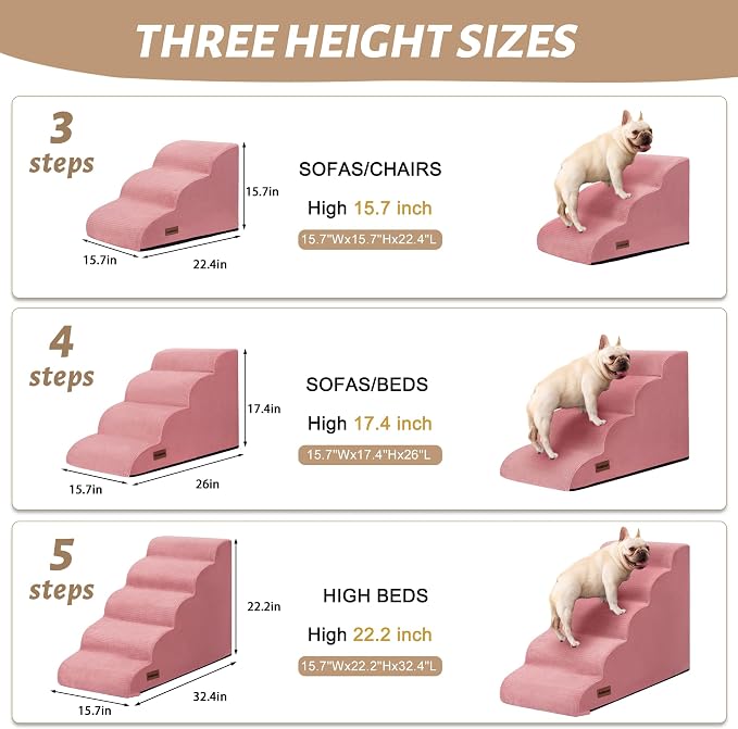 Dog Stairs for Small Dogs, 3-Step Pink Pet Ramp for Couch, Cats & Puppies | Aodisman Elegant Pink Pet Stairs Designed for Small Dogs and Cats, Providing Easy Access with Comfort and Style, 15.7" H