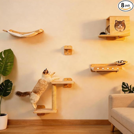 8-in-1 Cat Wall Shelves for Large Cats, Wall Mounted Cat Furniture with Feeding Station&Extra Wide Hammock, Heavy Duty Cat Climber for Indoor Cats to Sleep Play & Eat, 44lbs Capacity, Wood