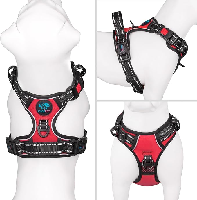 Reflective Dog Harness Large Breed Adjustable No Pull Vest | with Handle 2 Metal Rings 3 Buckles [Easy to Put on & Take Off](L, Red)