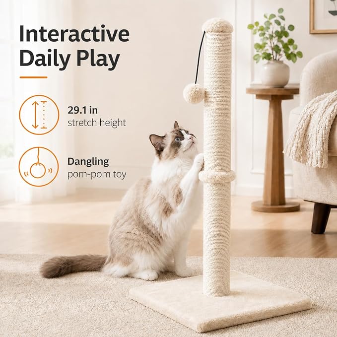 Dimaka 34" Height Tall Cat Scratching Post, Claw Scratcher with Sisal Rope and Covered with Soft Smooth Plush, Vertical Scratch [Full Strectch] Cats (Beige, 34 inches for Large Cats)
