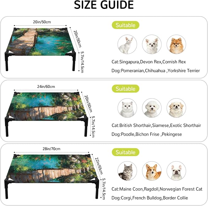 Outdoor Elevated Dog Bed for Medium Dogs, Wooden Bridge Pond Breathable Cooling Raised Dog Cot for Indoor/Outdoor, Spring Floral Fish Waterproof Elevated Pet Beds, M 24 x 20 in
