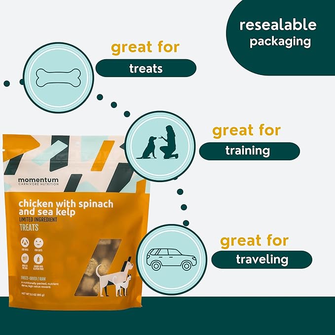 Momentum Carnivore Nutrition Freeze-Dried Chicken, Spinach & Sea Kelp Dog Treats & Cat Treats – Single-Ingredient Recipe, High-Protein, Grain-Free, Natural Superfood Blend – Made in USA – 3 oz Bag