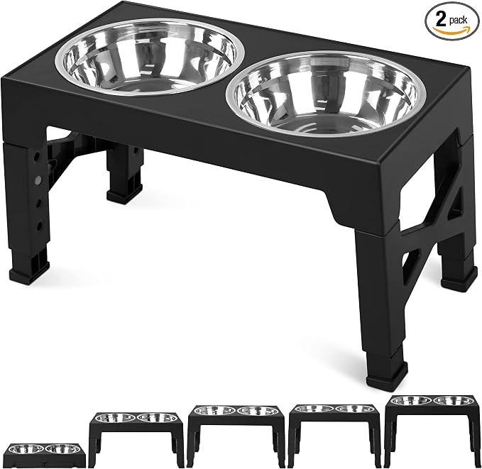 Elevated Dog Bowls with 2 Stainless Steel Dog Food Bowls, Raised Dog Bowl Adjusts to 5 Heights (3.15", 8.66", 9.84",11.02", 12.2") for Small Medium and Large Dogs