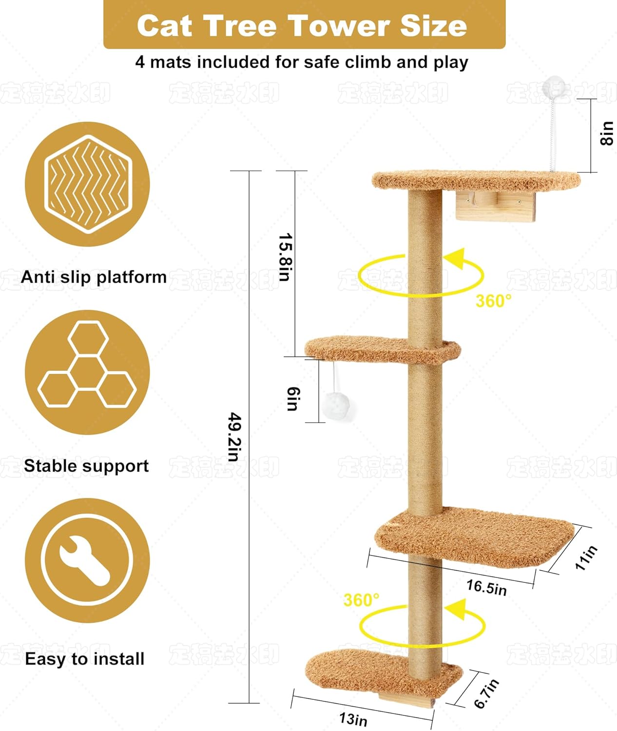 Brown Wall Mounted Cat Wall Climber & Tree for Kittens, 4 Platform Cat Shelves with Brown Plush Cushions, Floating Furniture for Climbing, Lounging, Scratching – 49” Tall