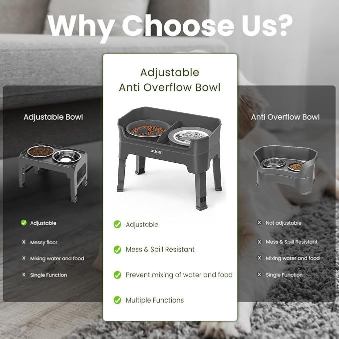 4-in-1 Elevated Slow Feeder Dog Bowls, 4 Height Adjustable Mess Proof Raised Dog Bowl Stand with No Spill Dog Water Bowl, Stainless Steel Dog Food Bowl & Slow Feeder for Large Medium Small Dogs Pets
