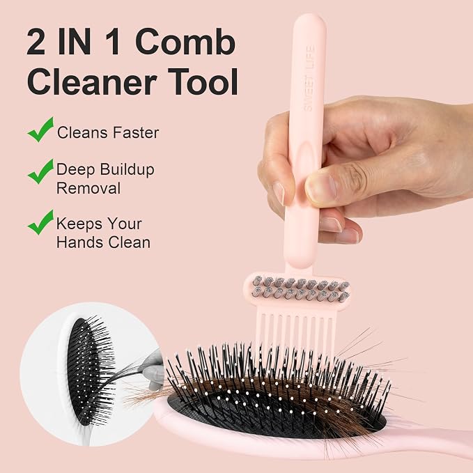 RHOS 2-in-1 Hair Brush Cleaner and Remover Tool - Comb for Removing Hair and Dust, Suitable for Home and Salon Use (1 Pack - Pink)
