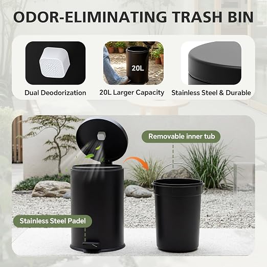 Lounsweer Dog Poop Trash Can Outside, 20L/5.3 Gallon Stainless Steel Dog Waste Can with Foot Pedal, Removable Inner Bucket, 3-Piece Pooper Scooper Set, 6 Activated Carbon Filters & 50 Waste Bags