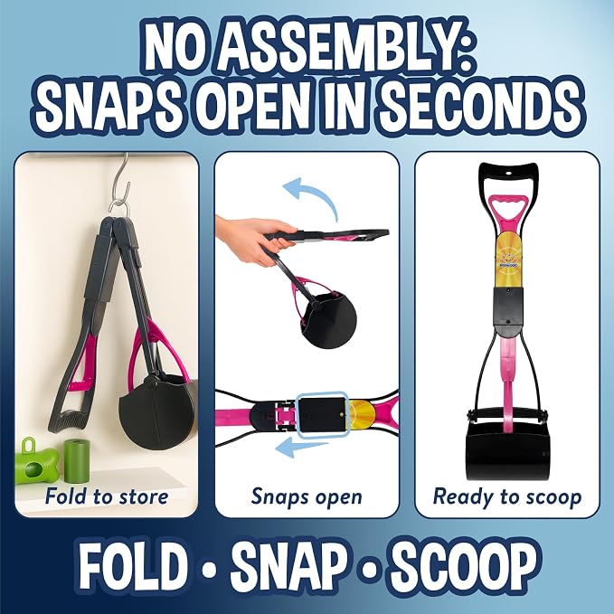 Bodhi Dog Complete Poo Pack- 24" Pooper Scooper, Poop Bags, & Waste Bag Holder, Ideal for Small to XL Pets - Durable, Easy-to-Use, Great for Grass, Gravel, & Outdoor Cleanups (Pink)