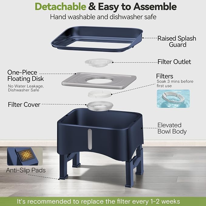 UPSKY 2.9Gal No Spill Dog Water Bowl, 4 Height Adjustable Elevated Bowl with Slow Drinking Feeder for Senior Dogs, Anti-Splash Floating Disk & Filter, Large Capacity for Large Dogs & Multi-Pet Homes