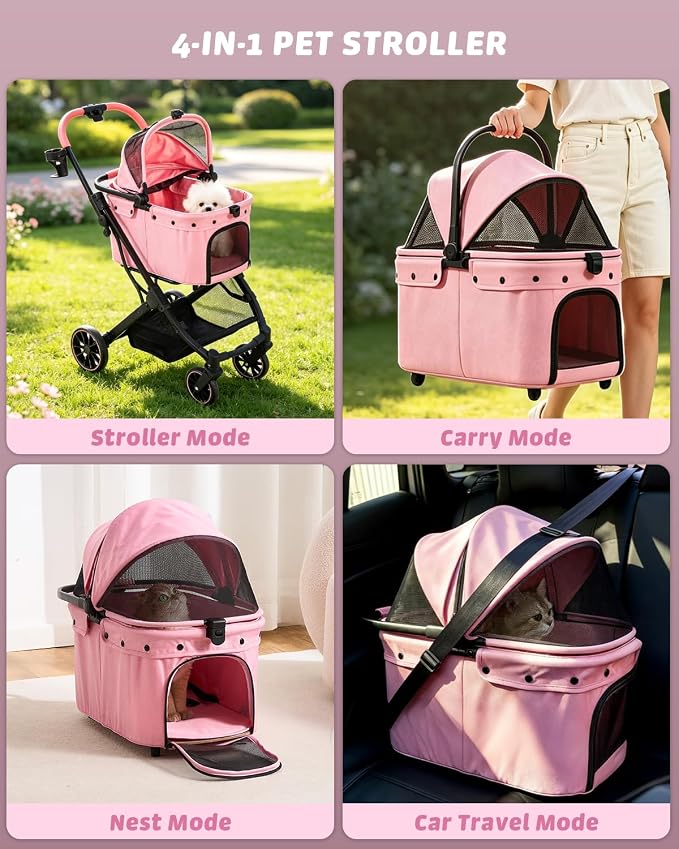 797Audio Dog Cat Stroller for Small Medium Pets,3-in-1 Foldable Pet Stroller with Detachable Carrier,Car Seat,One Click Folding,All-Terrain 4 Wheels,Adjustable Canopy with Sun Shades,Max 121lbs(Pink)