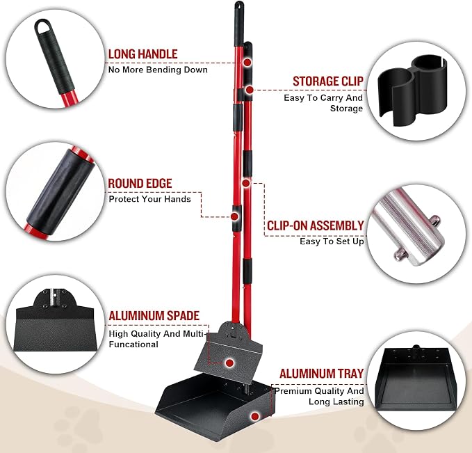 Pooper Scooper for Large Dogs, Adjustable Long Handle Metal Tray and Spade Poop Scooper for Dogs with Bin for Pet Waste Removal, No Bending Clean Up Pooper Scooper for Medium and Large Dogs,Red