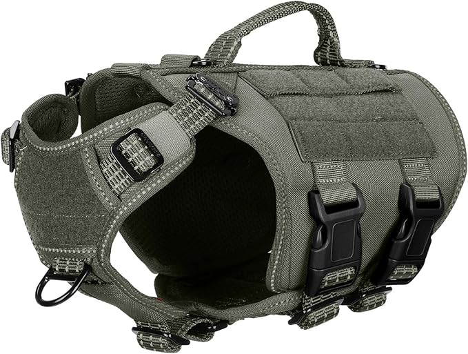 ICEFANG No Pull Tactical Dog Harness for X-Small Dogs,Adjustable Dog Vest | Control Handle,MOLLE Panel,Front Hook,3 Leash Clips,Soft Padded,for walking training,Green,X-Small
