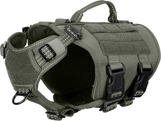 ICEFANG No Pull Tactical Dog Harness for X-Small Dogs,Adjustable Dog Vest | Control Handle,MOLLE Panel,Front Hook,3 Leash Clips,Soft Padded,for walking training,Green,X-Small