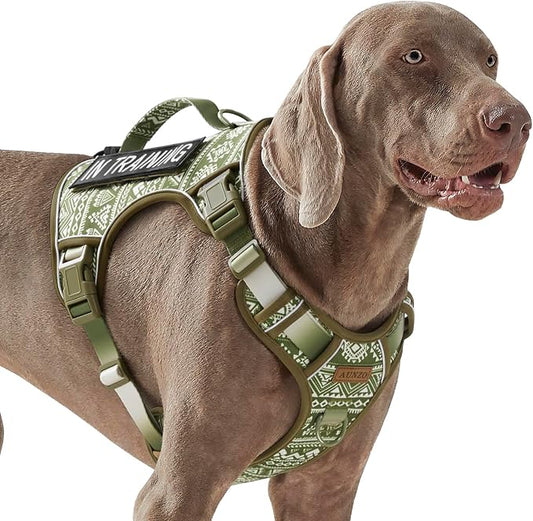 Heavy Duty No Pull Tactical Dog Harness for Large Dogs, Labrador Golden Retriever German Shepherd, Adjustable Soft Padded Dog Vest, Breathable Pet Oxford Vest with Easy Control Handle, Green Ethnic L