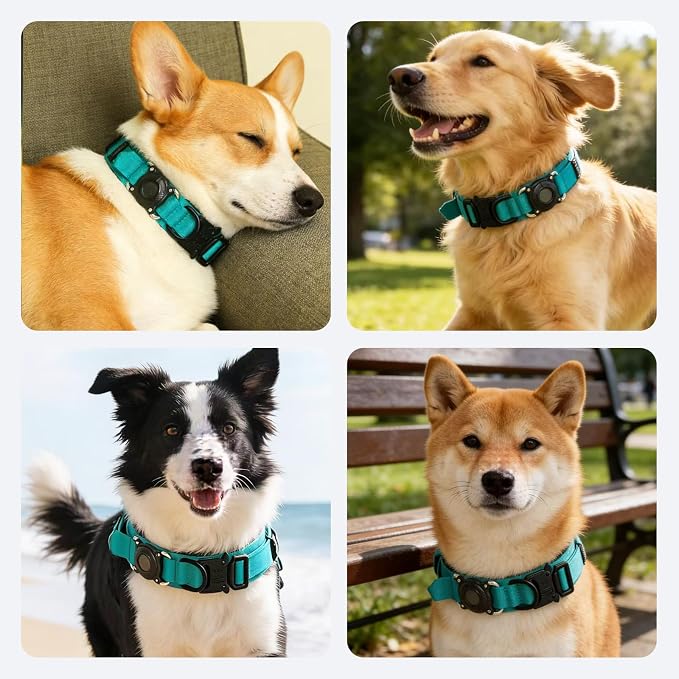 AirTag Dog Collar for Large Dogs Tactical Dog Collar with AirTag Holder | Upgrade Waterproof,Control Handle,Quick-Release Metal Buckle,1000D Nylon Fabric,Soft-Padded Webbing,Velcro Patch(Teal,XXL)