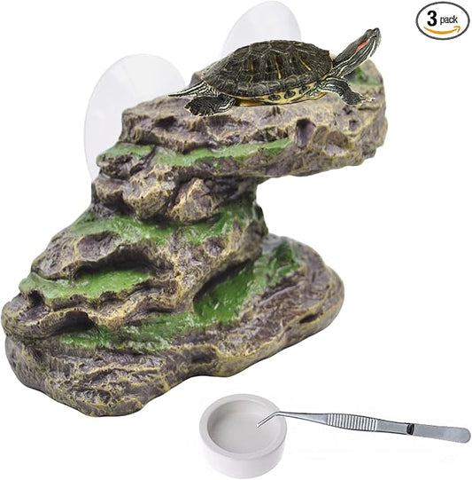 PINVNBY Turtle Basking Platform with 2 Pcs Suction Cups,Resin Floating Dock for Turtles,Tortoise Climbing Ramp Shale - Ideal for Aquatic Turtles,Stable & Durable,Easy to Install(Green Brown)