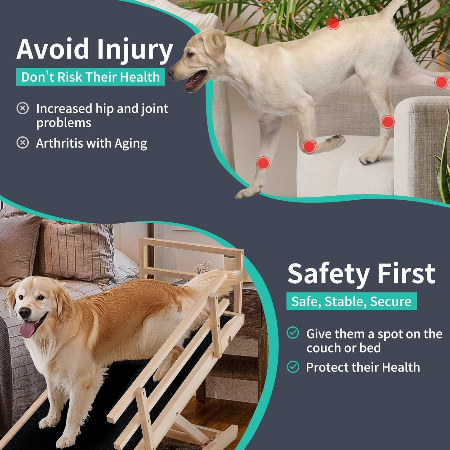 Dog Ramp, 5 Level Adjustable Height Folding Pet Ramp for High Bed, Portable Paw Ramps Large Bed Ramp for Medium & Large Old Dogs & Cats - Natural Wood Furniture Quality