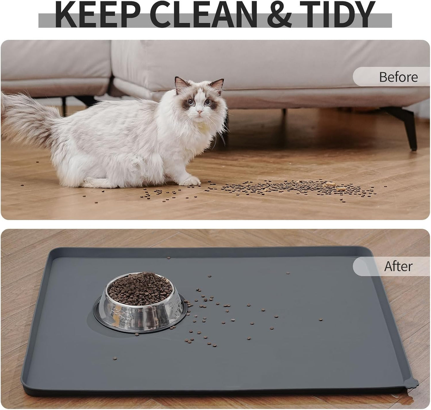 Waterproof Pet Feeding Mat with High Raised Edges, Heavier and Thicker Placemats for Cat Dog Water Bowl with BPA Free, Dogs Cats Food Mats for Messy Drinkers to Prevent Spill and Protect Floors