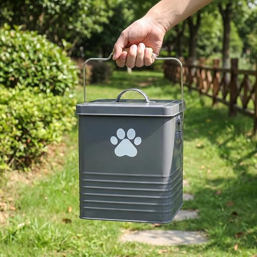 1.85Gal/7L Small Outdoor Trash Can with Lid, Metal Dog Poop Trash Can Outside, Dog Waste Container Bucket Handle(75 Trash Bags Included)-Gray