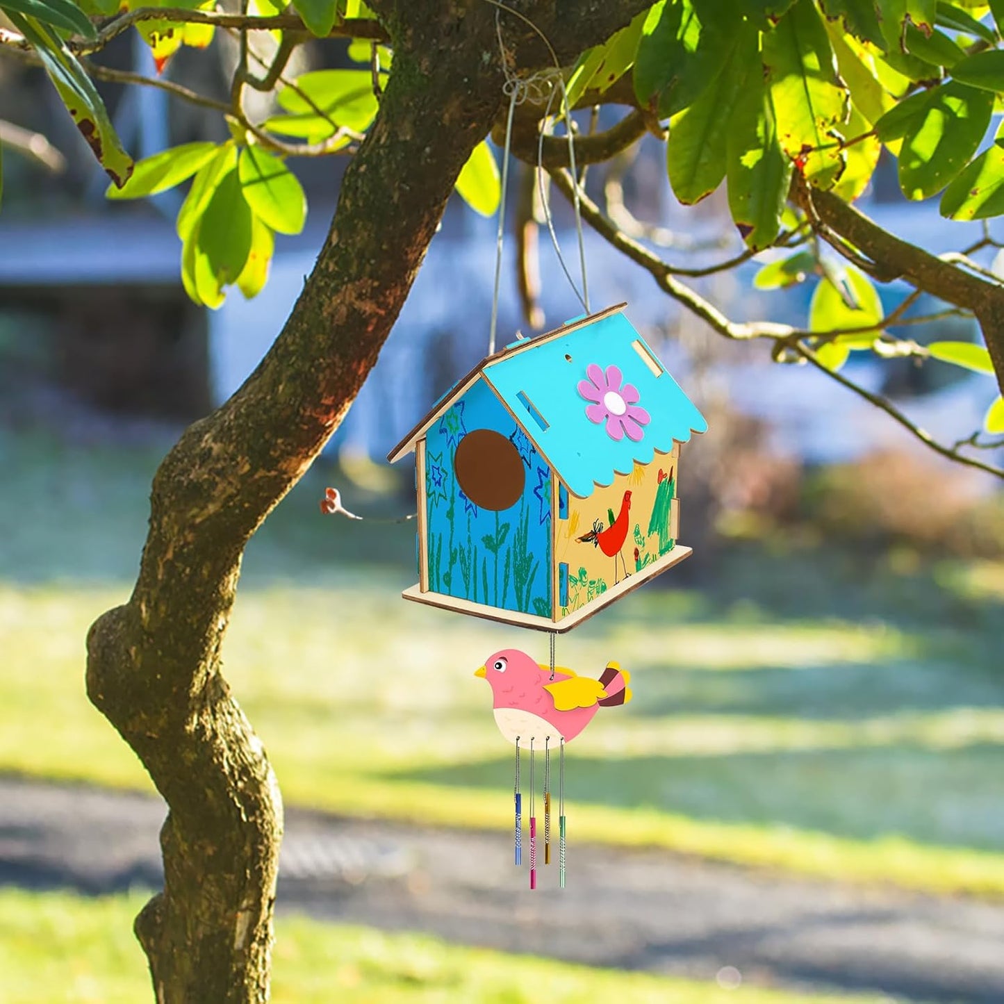 Fennoral 12 Pack Bird House Craft Kit for Kids Make You Own Bird Wind Chime Kit DIY Build and Paint Wooden Birdhouses Bird Feeder Art and Craft for Spring Yard Garden Outdoor Decoration