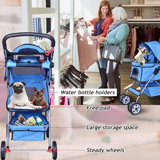 4 Wheels Pet Stroller Cat Dog Cage Stroller Travel Folding Carrier with Cup Holders and Removable Liner for Small-Medium Dog, Cat (Blue)