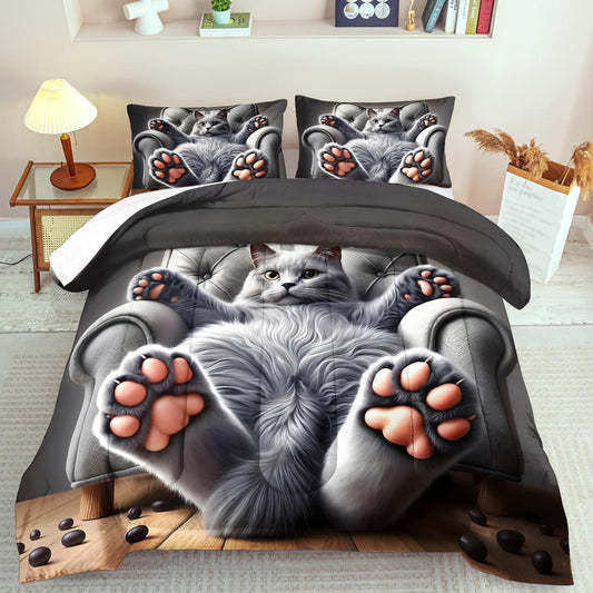 Cute Cat Comforter Set Full,Grey Kawaii Cat Bedding Set Adult,Cute Animal Comforter for Boy,American Shorthair Bedding Grey,Kawaii Animal Print Quilt Bedroom Decor Kids