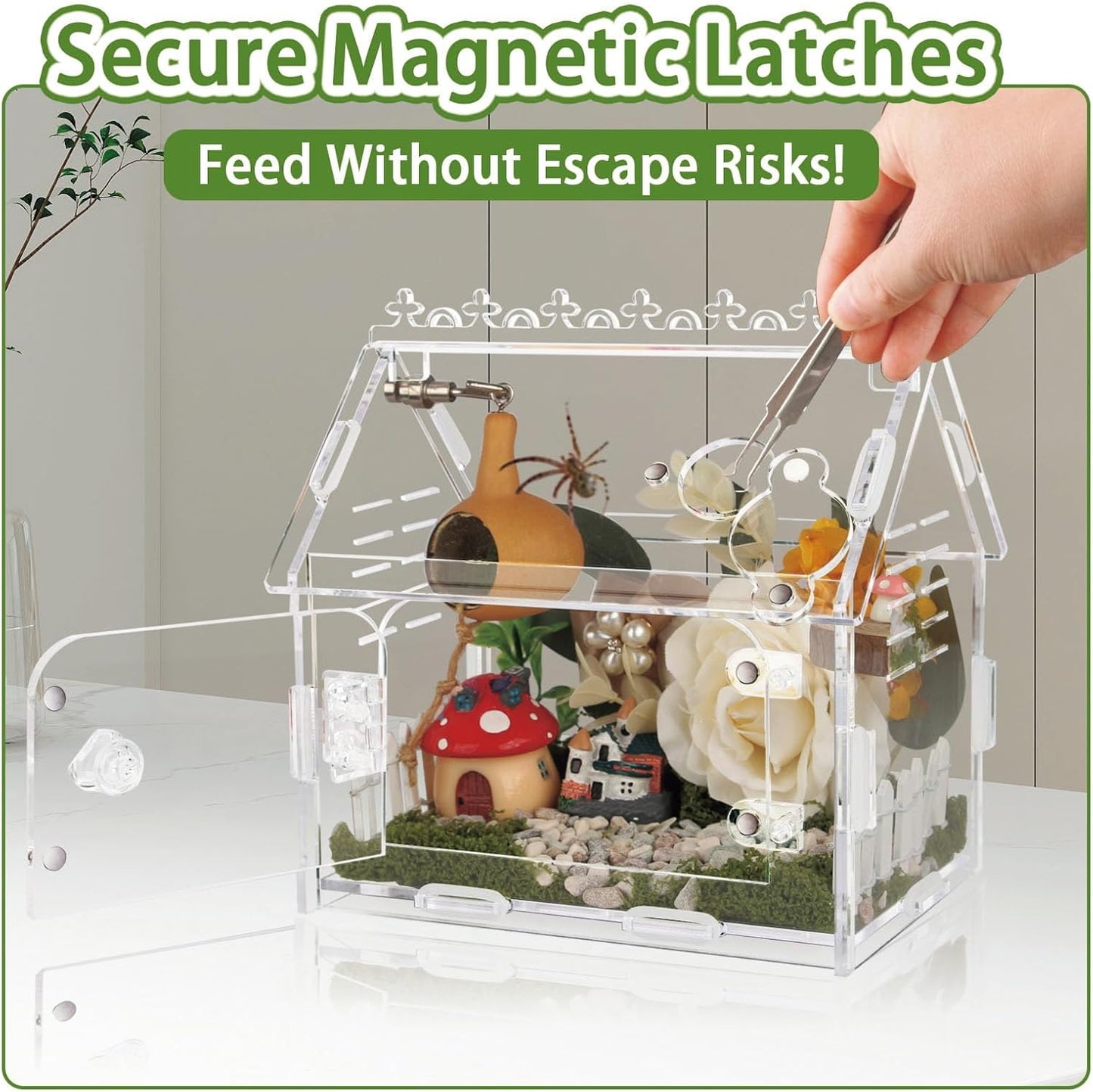 Magnetic Acrylic Terrarium Kit - 5.9"x3.9"x5.1" Jumping Spider Enclosure/Tarantula Cage with Secure Magnetic Latches, Ventilation & Escape-Proof Design - Reptile/Chameleon/Mantis Habitat