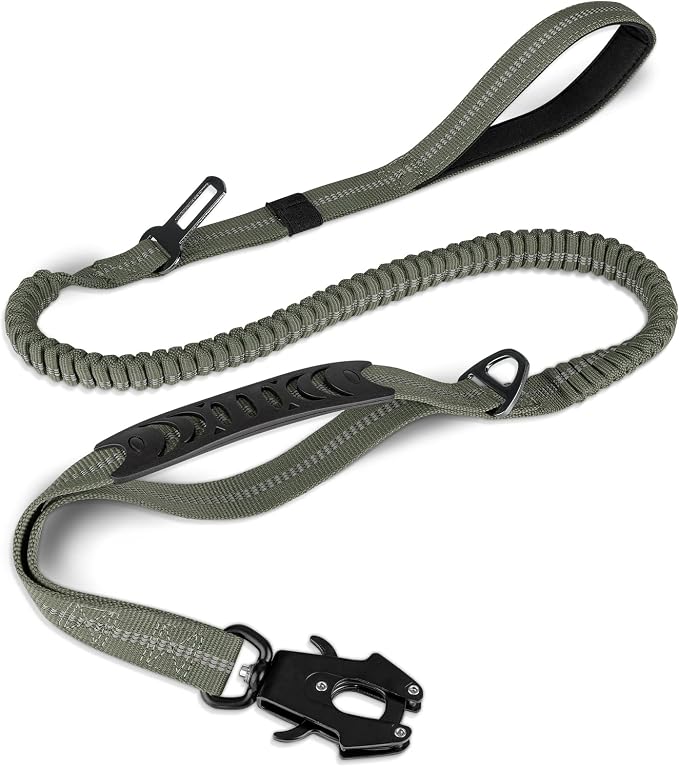 Joytale Tactical Bungee Dog Leash, Shock Absorbing No Pull, Army Green | for Large Dogs That Pull, 2 Padded Handles for Control, Car Seatbelt Clip, Reflective for Night Safety, Metal Frog Clip