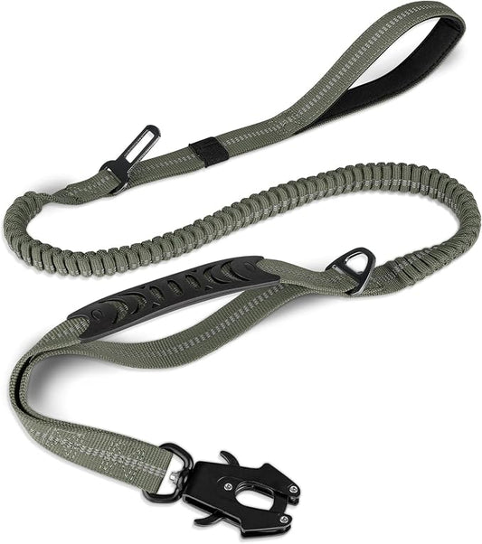Joytale Tactical Bungee Dog Leash, Shock Absorbing No Pull, Army Green | for Large Dogs That Pull, 2 Padded Handles for Control, Car Seatbelt Clip, Reflective for Night Safety, Metal Frog Clip