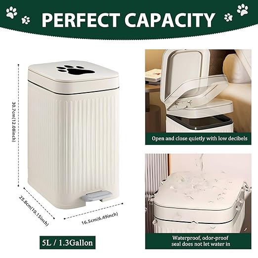 Dog Poop Trash Can Outside - 5L/1.3Gal Small Outdoor Trash Can with Lid | Outdoor Dog Poop Trash Can with Foot Pedal, Dog Waste Container with 40 Bags, Lid Soft Close for Pet, White