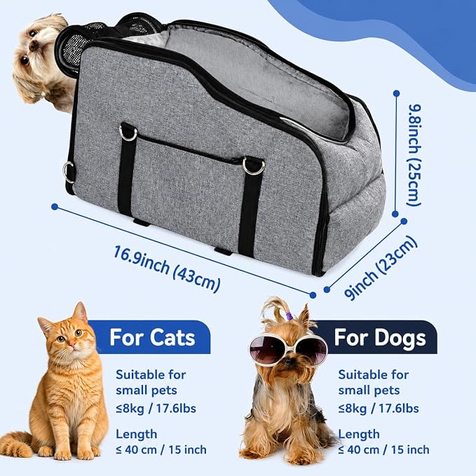 Dog Car Seat for Small Dogs & Cats, Center Console Pet Carrier with Foldable Top Window, Non-Slip Safety Straps, Portable Travel Backpack
