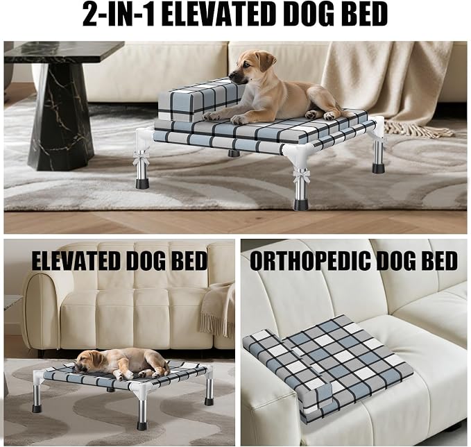 Elevated Dog Bed with Cushion & Bolster, Raised Dog Beds with Pillow & Mat | Small Cooling Lifted Indoor Outdoor Portable Lifted Pet Cot Stainless Steel Frame Indoor Outside Breathable Hammock Beds