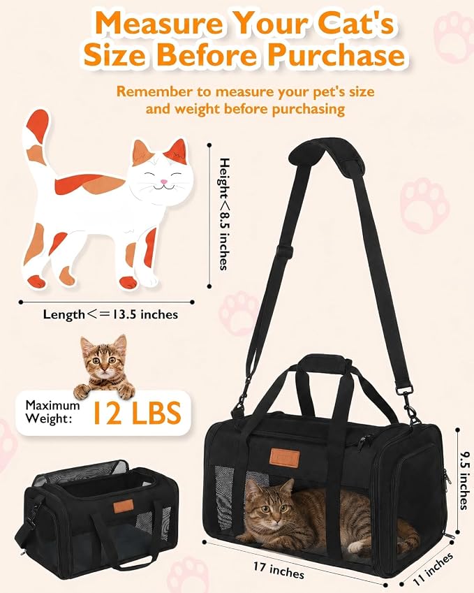 PETUX Airline Approved Pet Carrier for Small Cats up to 12 lb, Black | 17x11x9.5 in, Underseat, Top & Side Entry, Soft Sided Cat Carrier with Breathable Anti-Scratch Mesh for Travel & Vet