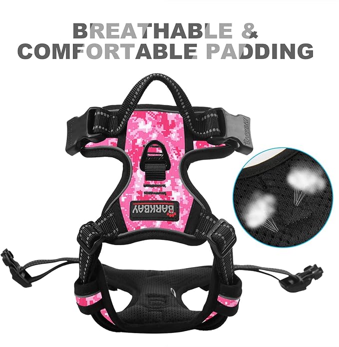 BARKBAY Dog Harness No Pull for Medium Sized Dog Front Back Clips,Dog Vest | Soft Padded No Choke With Handle,Easy On&Off,Adjustable Reflective For Walking Training Running(Pink Camo,M)