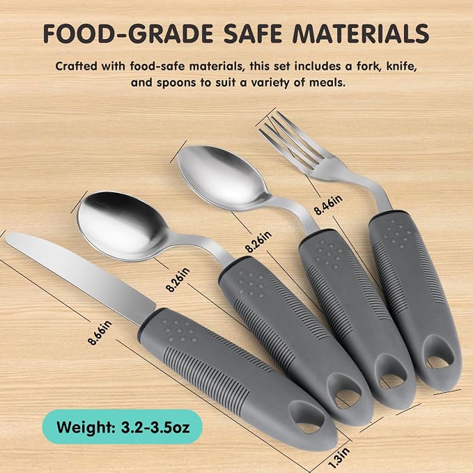AuntyFey Weighted Adaptive Utensils, 4Pcs Weighted Utensils for Hand Tremors, 45°Angled Parkinsons Utensils for Elderly, 3.5oz Weighted Built Up Utensils for Adults, Disabled, Parkinson, Right-Handed