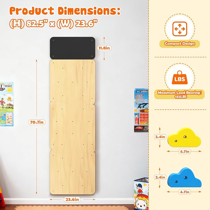 Wooden Climbing Wall for Kids, Indoor Climbing Wall Panels with 12 Rock Holds, Montessori Climbing Toy for Playroom & Home Gym, Aged 3+