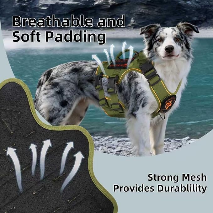 Reflective Tactical Dog Harness with AirTag Holder&3 Pet Patches, Green M | Heavy Duty No Pull Dog Harness, Adjustable Dog Harness, Two Handles, Breathable Mesh Padding, Resists Dirt and Stay Clean