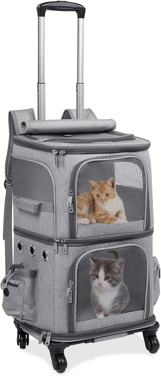 HOVONO Double-Compartment Cat Carrier Backpack with Wheels for 2 Pets, XL | 2-in-1 Cat Rolling Carrier for Small Cats & Dogs up to 32 lbs, Perfect for Traveling / Walking / Vet, Grey