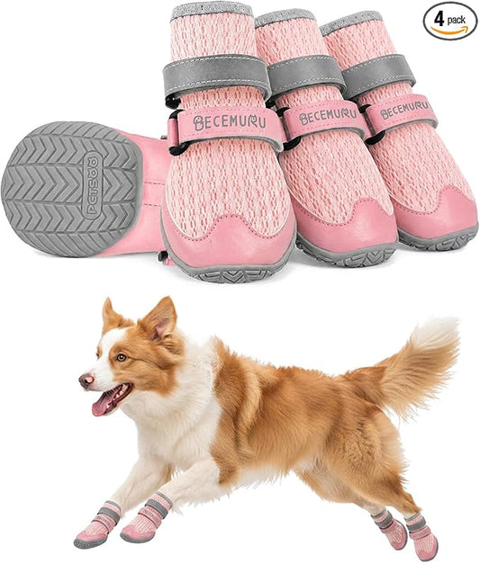 BECEMURU Dog Shoes for Summer, Double-Straps Anti-Slip Dog Boots & Paw Protectors for Hot Pavement, Breathable & Light Weight Outdoor Walking Hiking Pink Size 6